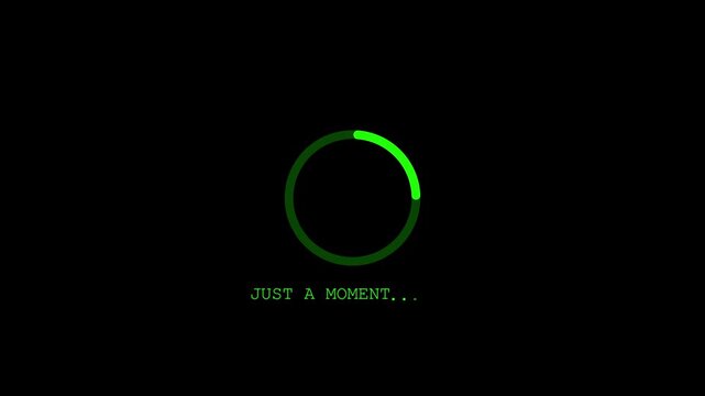 Loading screen animation with gray circle and just a moment text on black background.