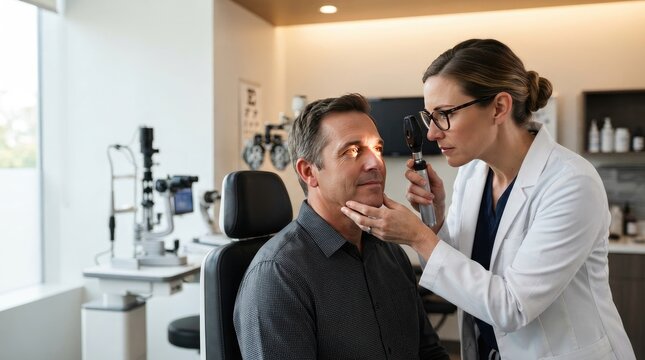 Optometrist examining a male patients eye with an ophthalmoscope in a professional eye care clinic