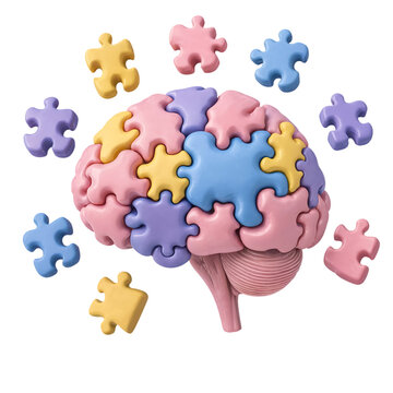 Human brain structure assembled from colorful pastel puzzle pieces isolated on white background transparent background