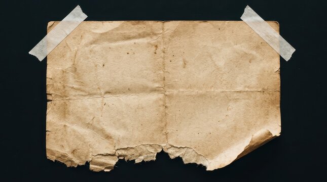 Old crumpled paper with tape on black background.