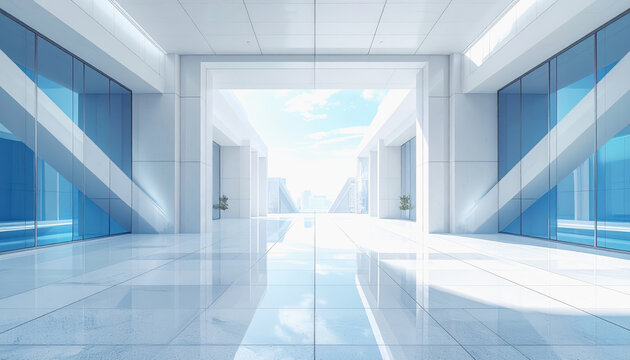 Modern architectural walkway with blue glass and natural light