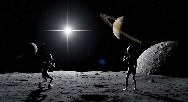 Two grey aliens standing on the moon surface looking at a bright star and planets including saturn in the dark starry space background