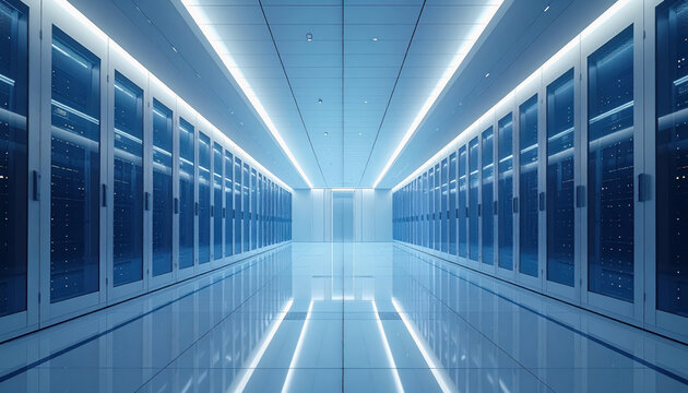 Modern server room with rows of data racks and glass doors, illuminated by cool blue lights reflecting on the polished floor