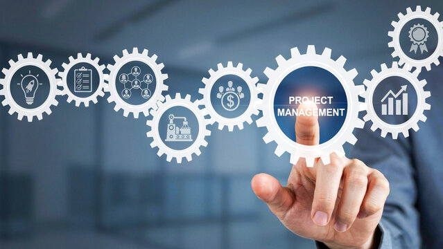 Digital interface showing a hand interacting with a gear mechanism representing a business strategy and project management workflow process