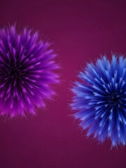 Obraz premium Two abstract fluffy balls, one purple and one blue, against a vibrant magenta background, modern art.