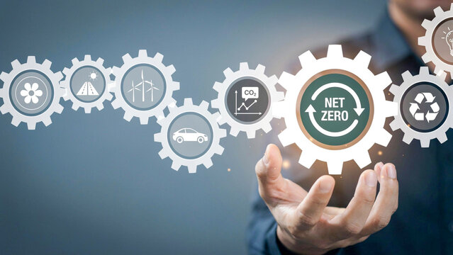 Businessman holding digital gear system representing net zero carbon emission and sustainable green energy concept