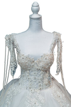 Isolated Wedding Dress with Lace and Pearls Embroidery on Mannequin Cutout