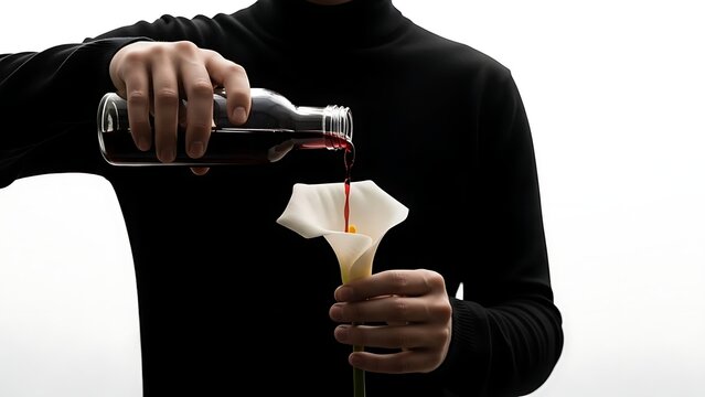Artistic concept of a man pouring red wine from a glass bottle into a white calla lily flower
