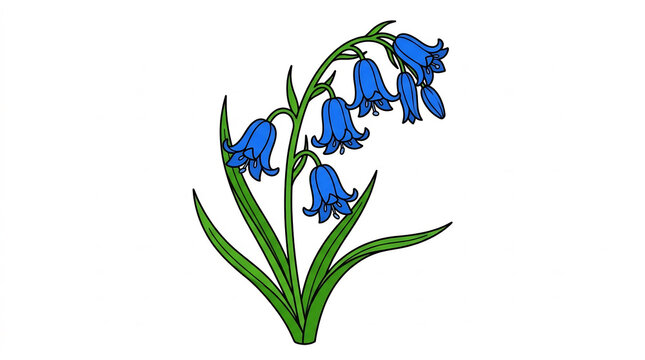 Bluebell flower illustration with green leaves isolated on white