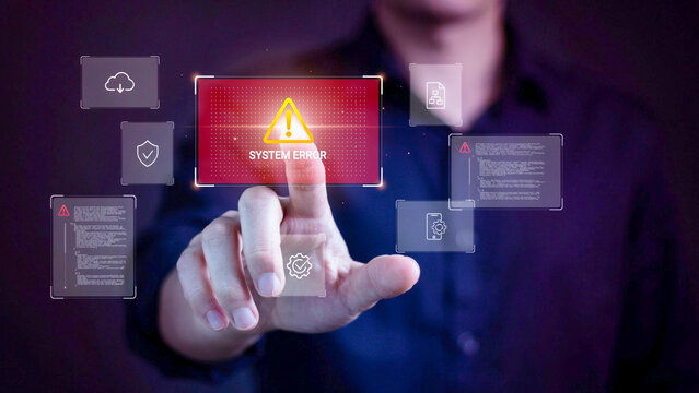 Futuristic digital interface showing a system error warning message with a human hand interacting with holographic icons