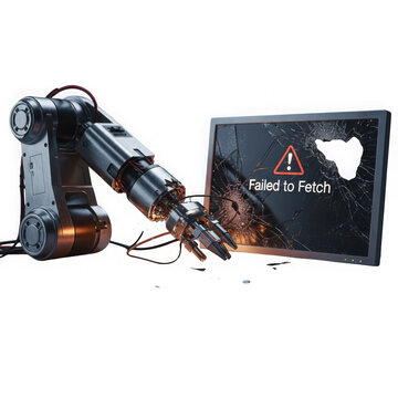 Robotic arm holding a broken hard drive on white background