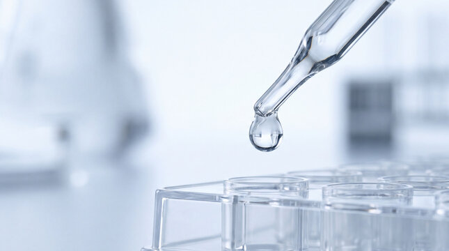 Dispensing crystal clear liquid pipette chemistry laboratory research drop science medical precision experiment investigation blue tone