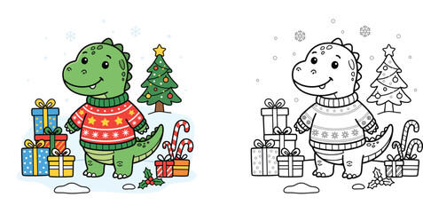 Fototapeta premium Cute Christmas Dinosaur in Ugly Sweater Coloring Page Activity for Kids and Adults - Line Art and Colored Version - Winter Holiday Illustration