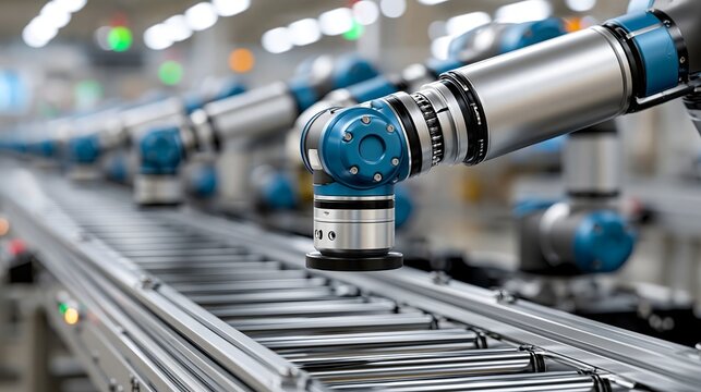 Advanced factory automation, synchronized robotic arms working on precision assembly line, clean industrial environment, blue and silver tones, realistic technology advertising