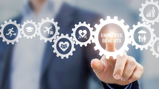 Digital concept of strategic employee benefits management, featuring interconnected gears symbolizing comprehensive human resources solutions and workforce advantages