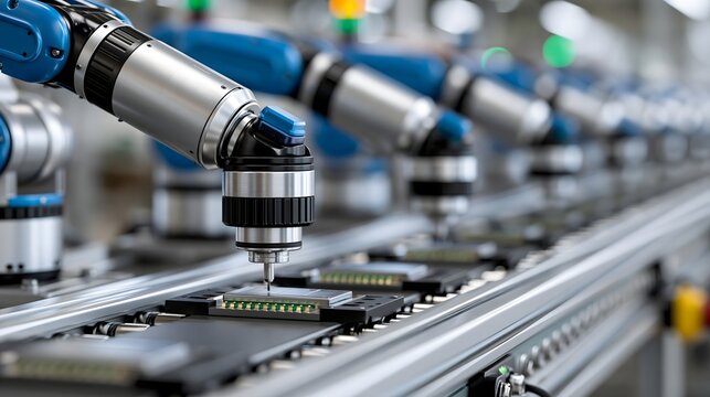 Advanced factory automation, synchronized robotic arms working on precision assembly line, clean industrial environment, blue and silver tones, realistic technology advertising