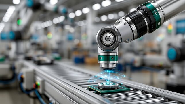 AI powered manufacturing concept, robotic arms and automated machinery operating in smart factory, glowing data connections, sophisticated industrial environment, cinematic 3D visualization