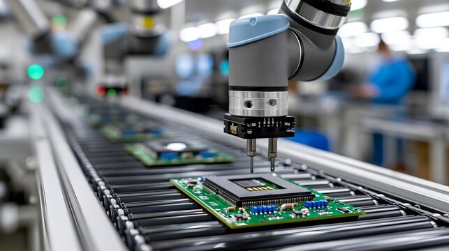 High precision robotics factory, collaborative robotic arms assembling electronic components, advanced conveyor belt, clean production facility, professional industrial photography