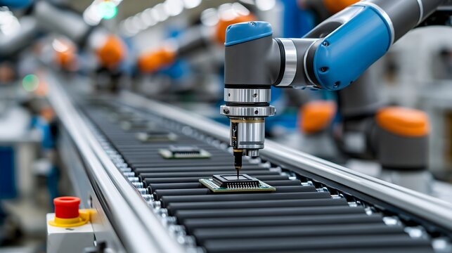 High precision robotics factory, collaborative robotic arms assembling electronic components, advanced conveyor belt, clean production facility, professional industrial photography