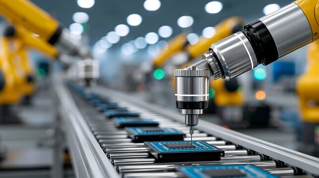 Futuristic electronics manufacturing plant, robotic arms handling precision components, automated conveyor system, cool industrial lighting, sophisticated technology concept, no text