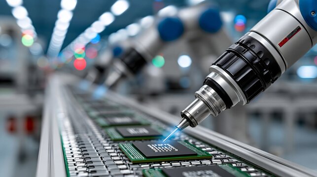Futuristic electronics manufacturing plant, robotic arms handling precision components, automated conveyor system, cool industrial lighting, sophisticated technology concept, no text