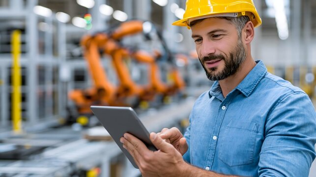 Human-centered Industry 4.0 factory, engineer monitoring automated robotic production line, intelligent machines, modern industrial environment, realistic corporate technology photography