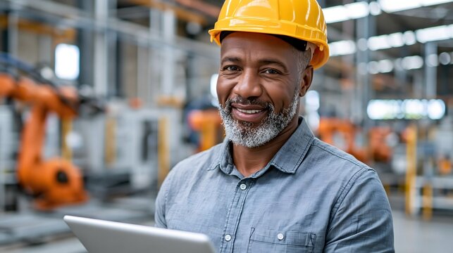Human-centered Industry 4.0 factory, engineer monitoring automated robotic production line, intelligent machines, modern industrial environment, realistic corporate technology photography