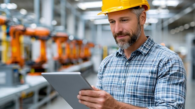 Human-centered Industry 4.0 factory, engineer monitoring automated robotic production line, intelligent machines, modern industrial environment, realistic corporate technology photography