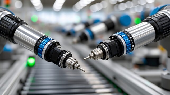 Minimalist industrial technology background, robotic arms on automated production line, clean metallic surfaces, soft depth of field, generous negative space for advertising, no text