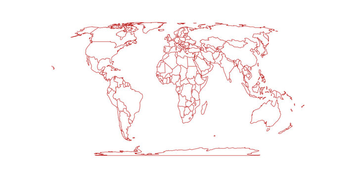 Editable vector world map in Equal Earth projection with transparent background. Features distinct country outlines and internal administrative borders in red color.