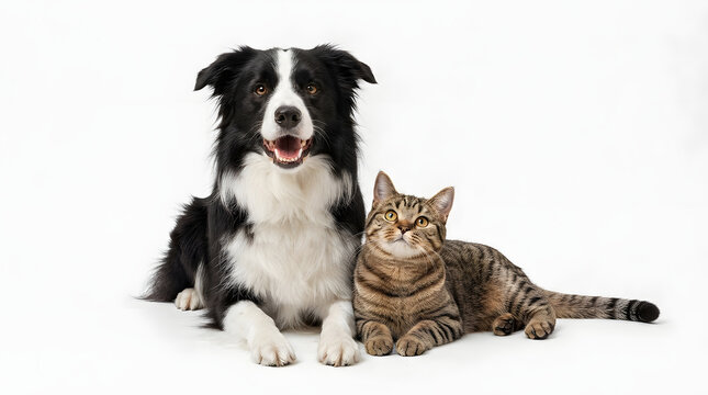 Friendly border collie dog and tabby cat sitting together