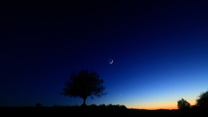 Moon on a twilight sky with stars, planets and landscape mountain silhouettes. © astrosystem