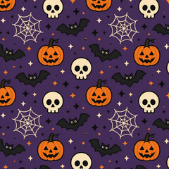 Fototapeta premium Halloween Seamless Pattern Background with Bats, Skulls, Spider Webs, and Pumpkins