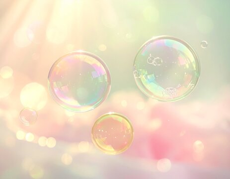 ピンクとグリーンのやわらかな光に浮かぶ三つのシャボン玉