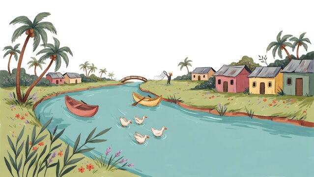 Traditional Riverine Village Landscape Vector Illustration Showing River Wooden Boats Ducks Coconut Trees and Small Houses