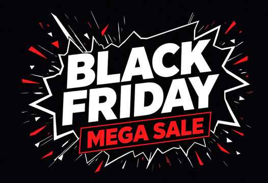 Explosive black friday mega sale poster design with bold white and red text effects