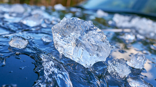 Cinematic close perspective of a large jagged hailstone resting on a freshly drenched car hood after extreme weather, melting ice creating small streams of water around the stone, smaller hailstones