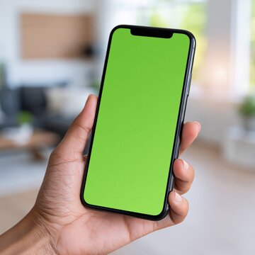 Hand holding modern smartphone with a blank green screen for copy space