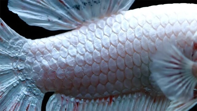 Extreme macro close up of white betta fish body displaying detailed scales and fins