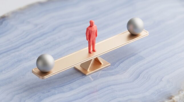 A small red figure standing on a gold seesaw balance with two silver spheres
