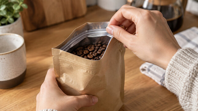Mano deslizando el cierre de una bolsa de caf&eacute; para abrirla