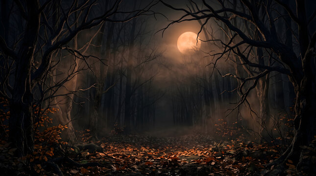 Dark Spooky Forest Path with Full Moon and Autumn Leaves at Night