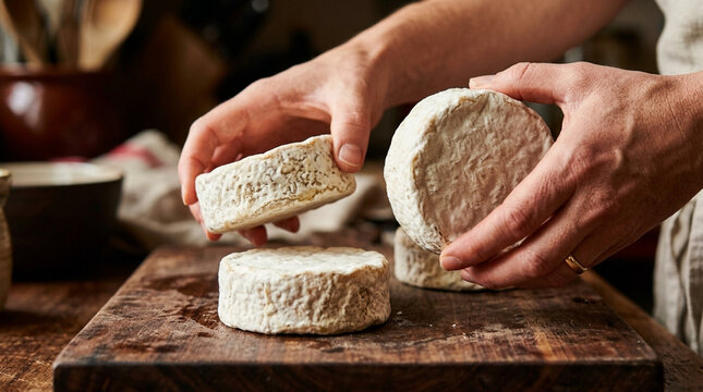 Artisan Cheesemaker Hands Holding Fresh Rounds of Goat Cheese on Rustic Wooden Board