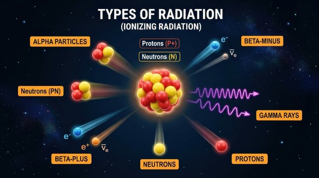 Educational Infographic of Ionizing Radiation Types Including Alpha Beta Gamma Particles and Protons in Atomic Physics