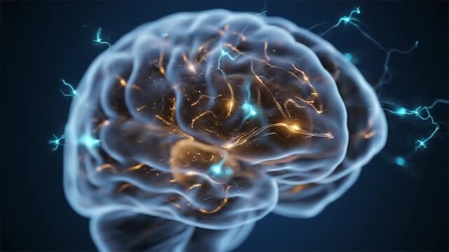 Human brain model with glowing neural synapses and glowing electric impulses in 3D animation