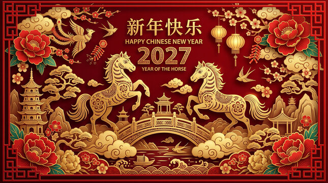 Traditional Chinese new year 2027 card featuring golden paper cut horses and hanging lanterns on red backdrop.