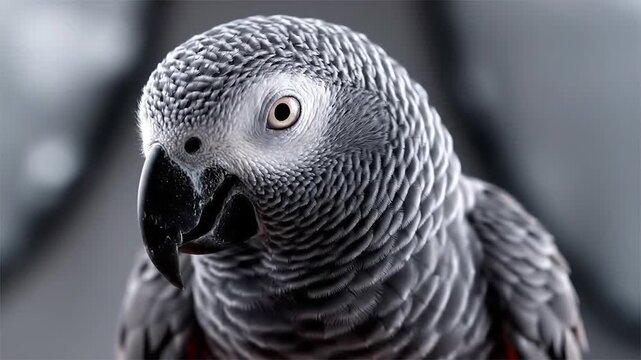African grey parrot close up portrait looking around on dark blurred background