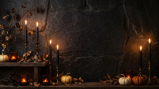 Dark Gothic Halloween Mantle with Black Candles, Pumpkins, and Stone Background