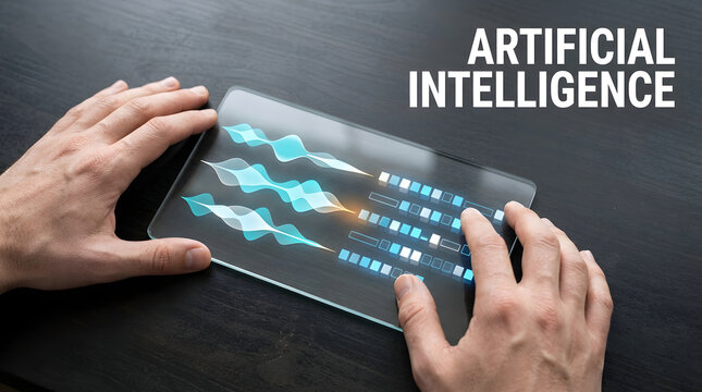 Two hands carefully hold a clear screen displaying an artificial intelligence data visualization concept
