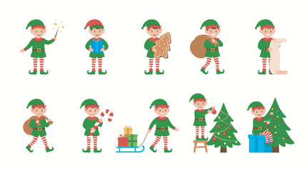 Fototapeta premium Group of festive Christmas elf characters performing holiday tasks and decorating for the season in vector style